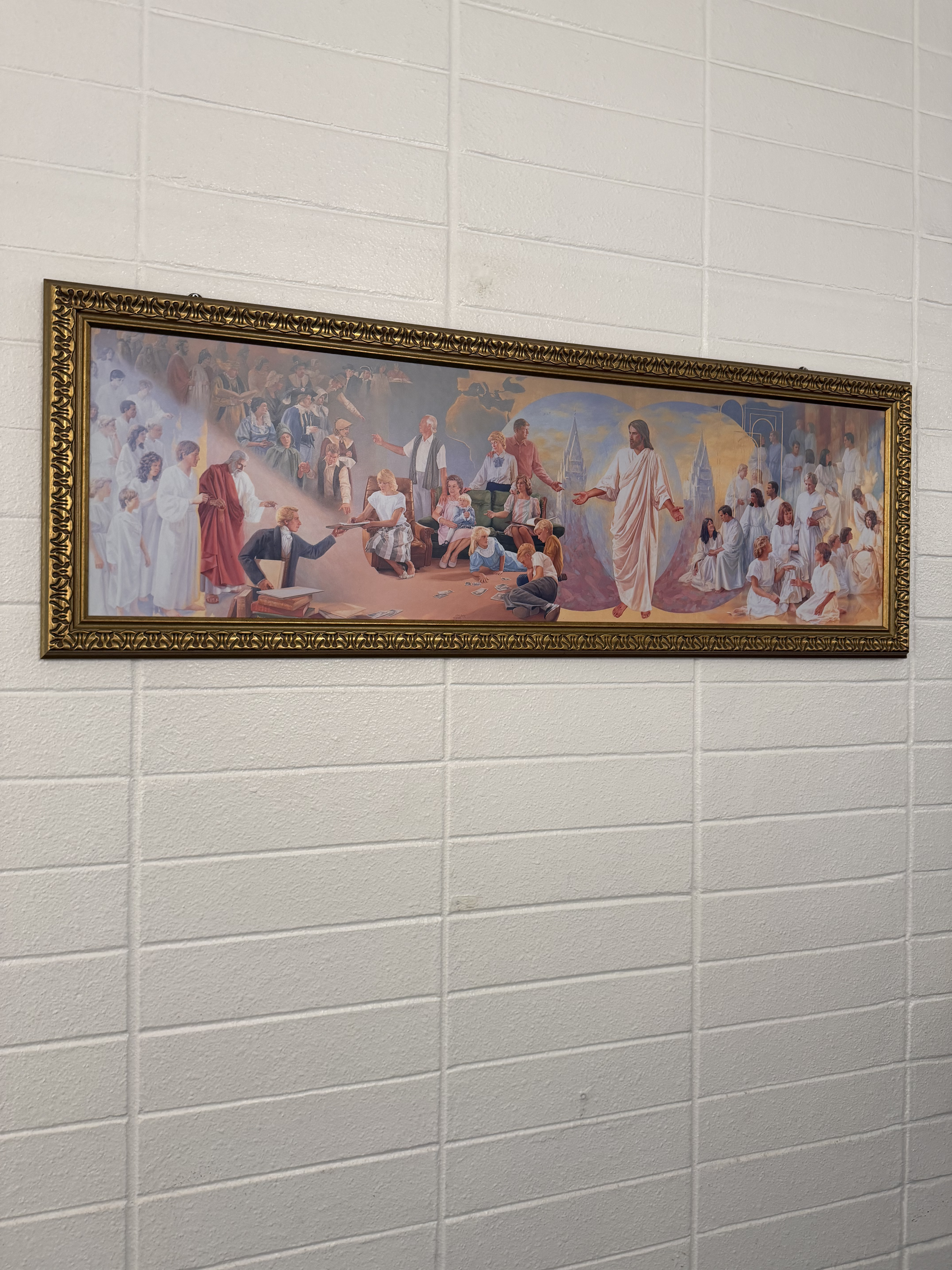 Painting on the wall of a Mormon church in Seoul showing Jesus among people in modern clothing